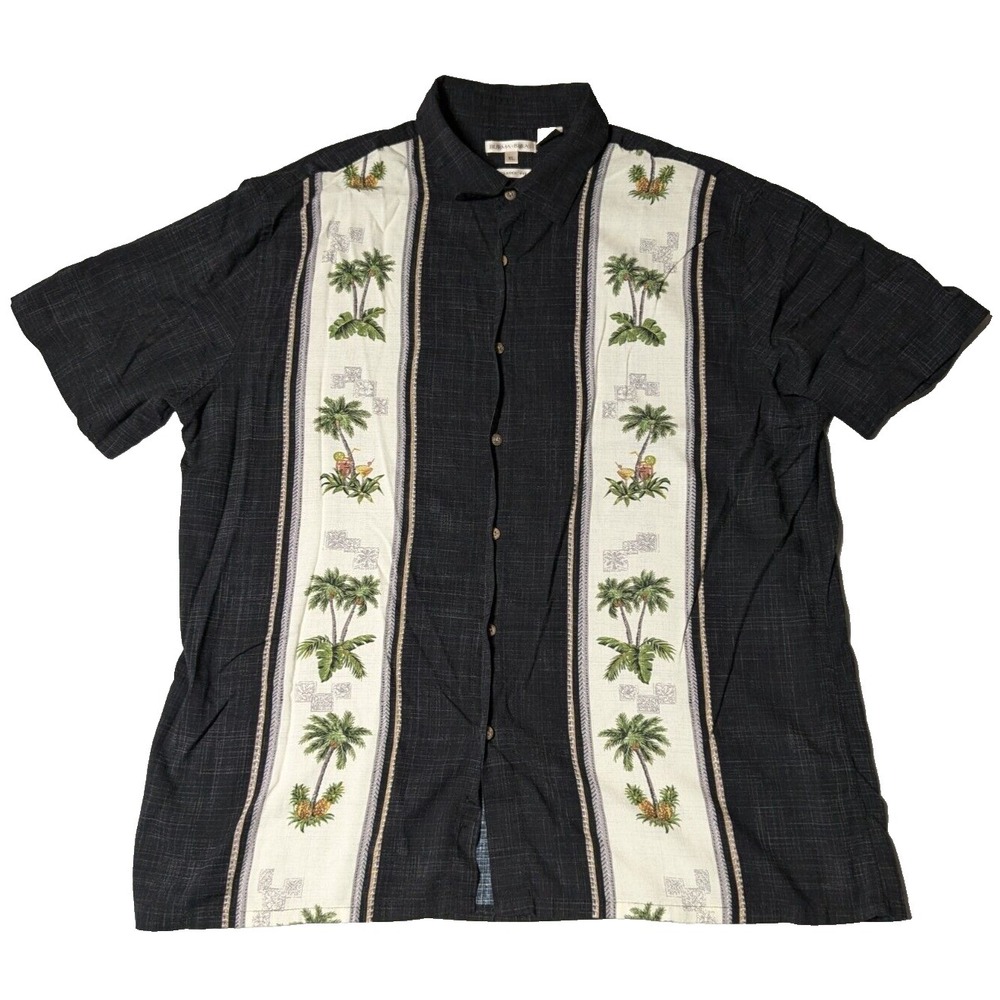 BURMA BIBAS‎ CLASSIC FIT Men XL Black Palm Tree Panel Rayon Bowling Camp Shirt